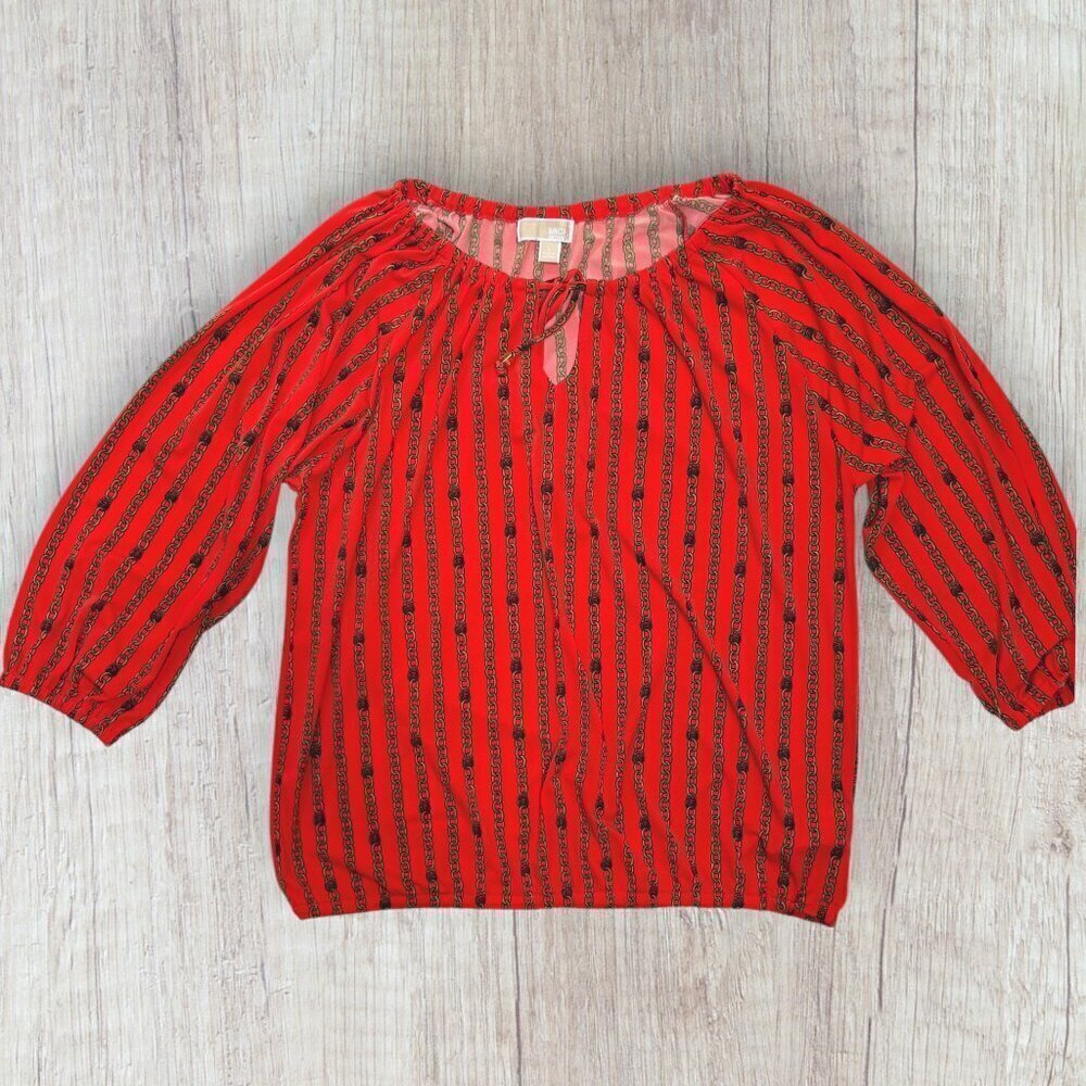 MICHAEL KORS Orange Gold Chain Link Print Fall Stretch Knit Blouse Top Women's L
